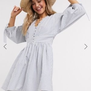 Button Neck Striped Smock Dress with Tie Sleeves